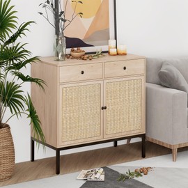 XIAO WEI Sideboard Buffet Cabinet with 2 Natural Rattan Hand-Woven Doors, Rattan Cabinet with Adjustable Shelf, Coffee Bar Cabinet with Drawers, for Kitchen Living Room Dining, Natural