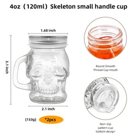 eispap 2 Pcs Skull 4 oz Mini Mason Jar Mugs Mason Jar Mugs with Handles and Lids Small Drinking Glass and DIY Favor Decor Wedding Bridal Shower Party Supplies for Drinks, Gifts, Candles and Crafts