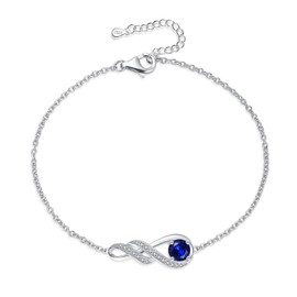 LOCIBLO September Birthstone Bracelets for Women 925 Sterling Silver Blue Synthetic Sapphire Bracelet Dainty White Gold Infinity Pendant Jewellery for Her, 6.7"+1.2"