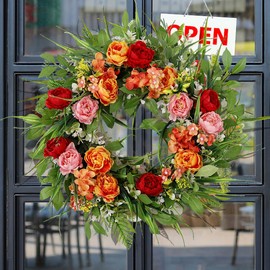 Spring Summer Wreaths for Front Door 18 Inch Artificial Peony Wreath with Green Leaves Outside Colorful Floral Farmhouse Wreath for All Season Indoor Outdoor Wedding Porch Festival Decor