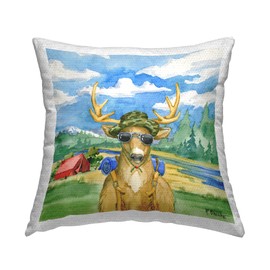 Stupell Industries Camping Gear Deer Nature Pitched Tent Outdoor Printed Pillow, 18 x 18, Multi-Color