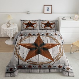 Manfei Western Texas Star Kids Comforter Set Queen Size,Old Wooden Barn Retro Bedding Set,Girls Boys Adults Bedroom Decor,Cowboy Rustic Farmhouse Down Comforter,Brown Grey Duvet Insert,2 Pillowcases