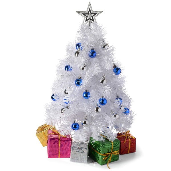 23-Inch Mini White Christmas Tree with Warm-White LED Lights - DIY Tabletop Christmas Tree with Star Treetop, Decorated Gift Boxes, and Hanging Ornaments for Christmas Decorations