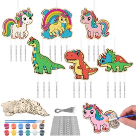 Silipull 24 Sets Unicorns & Dragons Wind Chimes Craft for Kid Back to School Color Your Own Windchime DIY Unfinished Wood Hanging Ornament Coloring Wind Chime for Kid Gift School Home and Party Supply