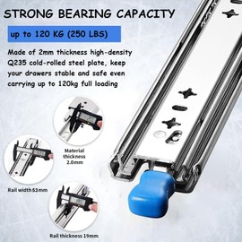 Heavy Duty Drawer Slides with Lock 20 Inch,3-Fold Full Extension Locking Drawer Slides 250 lbs Load Capacity Side Mount Ball Bearing Industrial Locking Rail 1 Pair(W:53mm, 20")