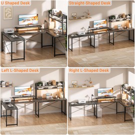 iSunirm U Shaped Gaming Desk, 122" Reversible L Shaped Desk with Hutch, Sturdy Corner Computer Desk with Led Lights, Monitor Stand and Power Outlet, 2 Person Desk for Home Office, Black Oak