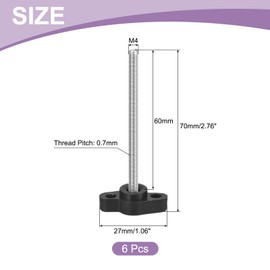 QUARKZMAN Pack of 6 T-wing Screws with Handles Thumb Screws, M4 x 60 mm Male Screw Knob 304 Stainless Steel Thumb Screw Handle 27 mm Diameter, Black