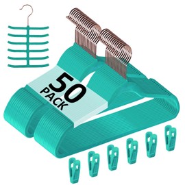 VECELO Premium Velvet Suit Hangers Heavy Duty (50 Pack) - Non Slip & Space-Saving Clothes Hangers with 6 Finger Clips and Tie Rack Excellent for Men and Women (Teal)