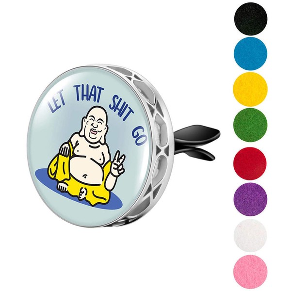 Wild Essentials Enamel Finish Let it Go Buddha Aromatherapy Car Air Freshener Essential Oil Car Vent Diffuser With Vent Clip and 8 Color Refill Pads