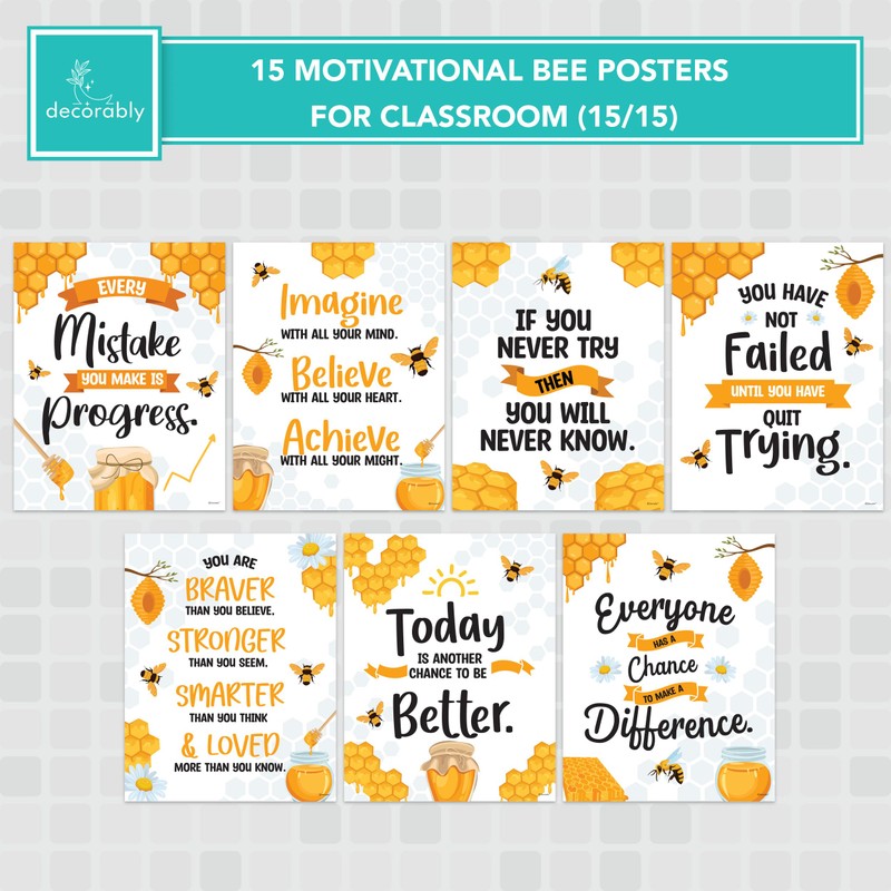 Decorably 15 Motivational Bee Posters for Classroom, 11x14in Matte-Laminated Inspirational