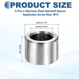 MECCANIXITY 6pcs M14 Metal Spacers, 9/16" IDx7/8" ODx5/8" Length Stainless Steel Spacer Round Unthreaded Standoff Bushing Plain Finish for Screw Bolts, Silver 14x22x15mm