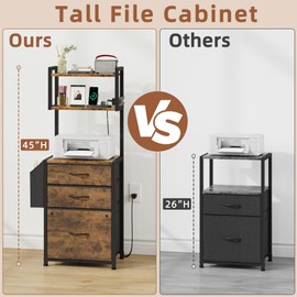 HIGDBFE 3 Drawer File Cabinet with Charging Station (2AC&2USB), 3-Tier Tall Filing Cabinet for Home Office with Storage Shelf, Printer Stand, Fabric Drawer Fits A4/Letter Size, 45''D, Rustic Brown