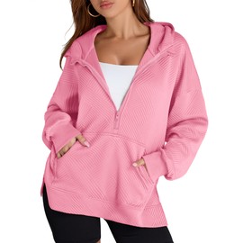 LOMON Womens Oversized Half Zip Hoodies Long Sleeve Textured Casual Sweatshirts Loose Fall Pullover Tops with Pockets Pink Medium