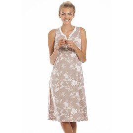 Camille Womens Pretty Floral Nightdress - Ladies Lightweight Sleeveless Nightie - Comfortable & Breathable Nightwear with Button Fastening Beige 14-16