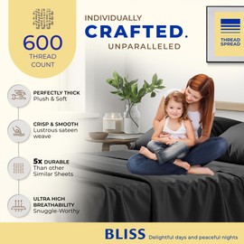 THREAD SPREAD 100% Egyptian Cotton Sheets Twin - 600 Thread Count Sheets Twin, 3 PC Deep Pocket Twin Sheets, Soft, Cooling Sateen Weave Extra Long Twin Sheets for Dorm, 16" Deep Pocket - Black