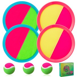 Beach Games, Outdoor Toys for Kids Ages 4-8, Toss and Catch Ball Set, with 4 Paddles 4 Balls, and 1 Storage Bag, Beach Toys for Kids Easter Gifts for Kids -2 Pink + 2 Blue