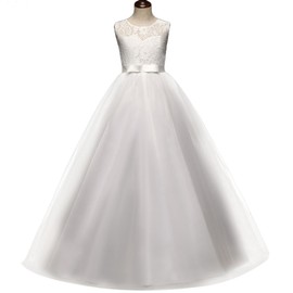 Big Girl Sleeveless Lace Flower Girl Gray Princess Dress Tulle Long Maxi Gown Kids Wedding Bridesmaid Formal Pageant Dresses White 14-15 Years