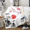 Japanese Ukiyoe Fleece Throw Blanket Cherry Blossoms Red Sun Sherpa