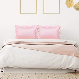 sourcing map Luxury Satin Oxford Pillowcases, Pair of 2 Pink Ruffled Pillow Shams 20 x 26 inch with Envelope Closure, Standard Size Pillow Cases Covers