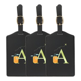 YELARXI Luggage Tags, Initial Letter Travel Luggage Baggage Labels PU Leather Waterproof for Privacy Protection ID Suitcase Identifier Backpack (3 Pack, Black A)