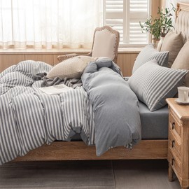PURE ERA Jersey Knit Duvet Cover Set 100% T-Shirt Heather Cotton Super Soft Comfy Classic Striped Design, with Zipper Closure, Heather Blueish Grey Stripe, Cal King