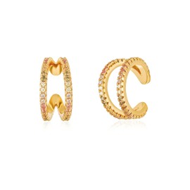 Radiant Vibes: Summer Rainbow Double Bar CZ Stack Gold 925 Silver Ear Cuffs Earrings, Sterling Silver, Cubic Zirconia