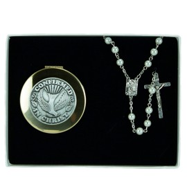 CA Gift CS123 Confirmation Pearl Rosary with Keepsake Box, Gift Set White