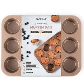 HAPPIELS Non Toxic Nonstick 12 Cup Muffin Pan | PFOA BPA free Nontoxic Cupcake Tin | Best Non Stick Muffin Pans | Muffin tins | Cupcakes Tray | Carbon Steel Bakeware Mold Trays