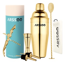 ARSSOO Gold Cocktail Shaker Set - Stainless Steel Bartender Kit with 25.3oz Martini Shaker, 0.85/1.7oz Jigger, 2 Pourers, Mixing Spoon & Carry Bag - Bar Tools & Accessories for Home & Mini Bars