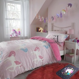 EXQUIZIT HOME Teddy Bear Children Fleece Unicorn Duvet Quilt Cover Bedding Set With Matching Pillowcase Warm Cosy Winter Kids Unicorn Pink Double 200cm x 200cm Approximate