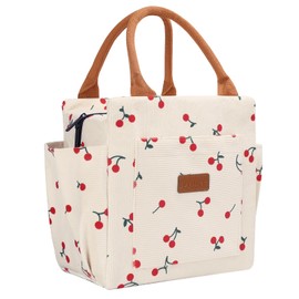 Joymee Lunch Bag Women Insulated Lunch Box Cute Corduroy Reusable Leakproof Large Capacity Lunch Tote Bag for Women Men Adult with Bottle Holder and Side Pockets for Work - Corduroy Cherry