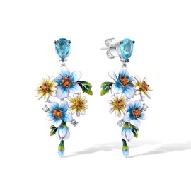 Santuzza 925 Sterling Silver Enamel Flower Earrings Blue Spinel Cubic Zirconia Flower Bunch Floral Dangle Pierce Earrings for Women