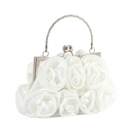 EVEOUT Elegant Satin Flower Evening Handbag with Chain for Women Wedding Bag Bridal Clutch Handbag Purses, White, Elegant