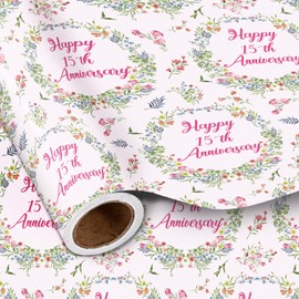LeZakaa Anniversary Floral Wrapping Paper Roll, Happy 15th Anniversary, Pink Floral Wreath Gift Wrap for Wedding, Bridal Shower, Anniversary, Valentines Day, Party, Mini Roll, 17 inches x 16.4 Feet