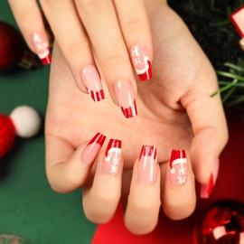Christmas Press on Nails Short Fake Nails Coffin with Santa Hat Glitter Lines Design Glue on Nails Red French Tip False Nails Light Pink Full Cover Glossy Christmas Stick on Nails for Women 24Pcs