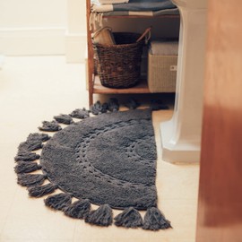 BIEN Beau Half Circle Boho Rug with Tassels for Your Bathroom - Beautifully Handcrafted with Crochet Insert - Soft 100% Cotton - Non-Slip Bohemian Bedroom Bath Mat Decor - Charcoal Grey 42x22