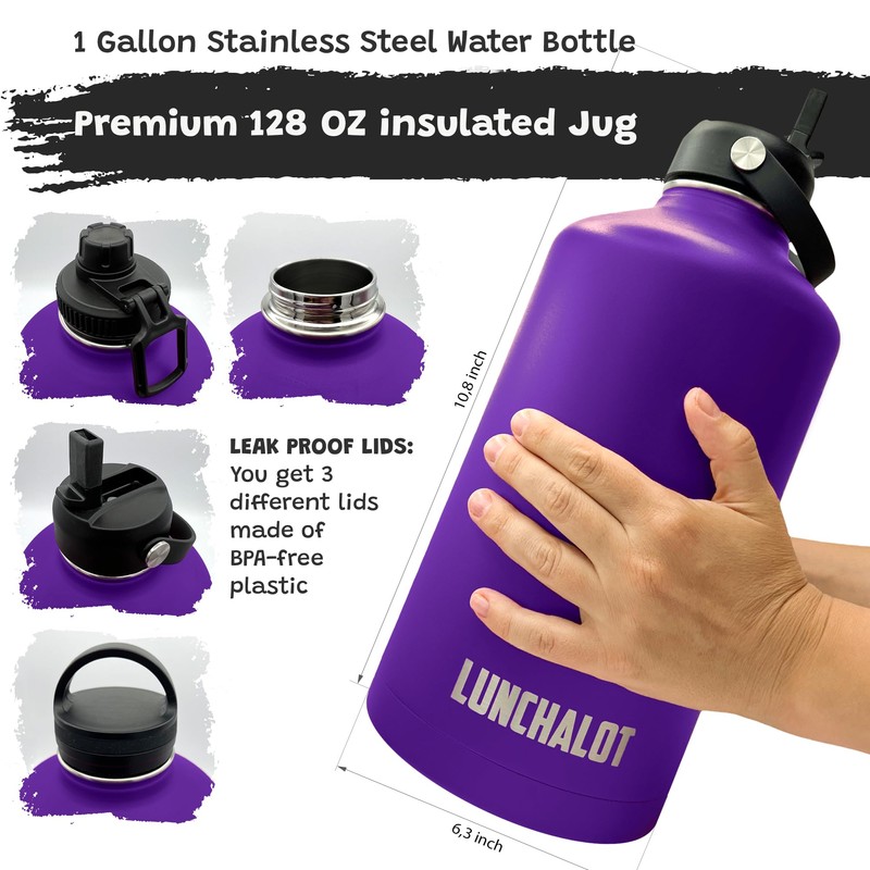LUNCHALOT 1 Gallon Water Bottle - 128 Oz Insulated Stainless