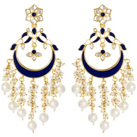 Aheli Classy Ethnic Wedding Party Wear Faux Kundan Studded Enamel Drop Dangle Earrings with Beaded Tassels Traditional Fashion Jewelry Gift for Indian Women Blue