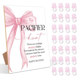 51 Pcs Pacifier Hunt Baby Shower Game, Include 1 Wood Sign and 50 Pacifiers, Pink Bow Theme Gender Reveal Games, Pink Baby Shower Decorations, Newborn Announcement Party Decor Supplies