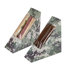 Restaurantware Cafe Vision 4.8 x 2 Inch Sandwich Paper Boxes, 25 Small Sandwich Wedge Boxes - With Window, Disposable, Camouflage Paper Triangle Sandwich Containers, Grease-Impervious Lining