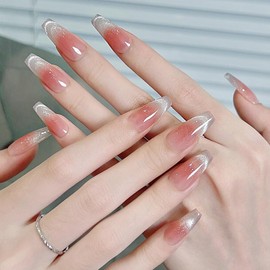 Pure Handmade Nails Press on Nail Reusable Fake Nails Red Long French CatEyes Bling Bling Nude Medium Stick on Nails French Tip False Nails 10pcs (XS, Q231)