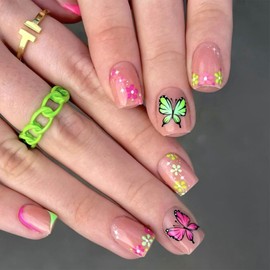 Square Press on Nails Short Acrylic Nails Red and Green French Tip Fake Nails Butterfly Flower Stars Glue on Nails Pink Full Cover Stick on Nails Glossy Artificial False Nails for Girls 24Pcs