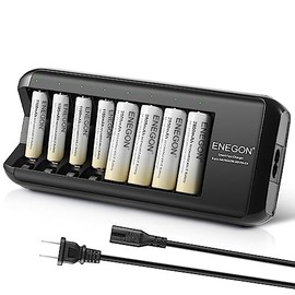 ENEGON Cargador Pilas Recargables AA y AAA, Rápido 8 Ranuras con 4 Pilas Recargables AAA 1100mAh y 4 AA 2800mAh Ni-MH Pre-Cargadas Alta Capacidad para Hogar Juguetes y Electrónica