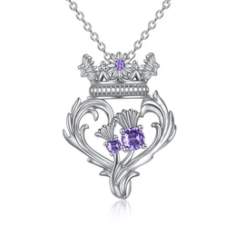 CRMAD Scottish Necklace Gifts for Women Sterling Silver Thistle Amethyst Crown Pendant luckenbooth Jewelry for Girls Mom Birthday Christms (sliver)