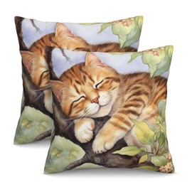 Famame Decorative Pillow Covers Set of 2 Cat on Watercolor Tree Throw Pillows Cover 18x18 inch Square Pillowcase Couch Cushion Cases for Sofa Living Room Bedroom Home Decor