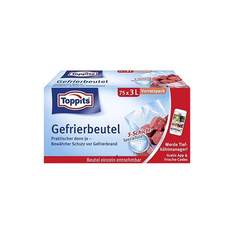 Toppits Gefrierbeutel Vorratspack, 3 Liter, 75 Stück, Standboden, Transparent