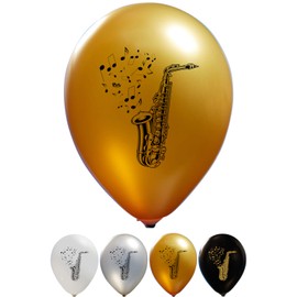 Saxophone Balloons - 12 Inch Latex - 2 Sided Print (16 Count) for Birthday Parties or Any Other Event Use - Fill with Air or Helium