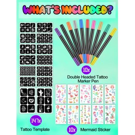EBANKU 10-Count Temporary Tattoo Markers for Skin, Dual-End Body Markers with 147 Large Tattoo Stencil+ 10 Sheets Mermaid Body Stickers, Flexible Brush Tip, Bold Fine Lines Tattoo Pens, Cosmetic-Grade