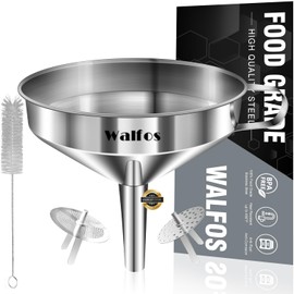 Large Stainless Steel Funnel, Walfos Kitchen Funnel with 2 Removable Strainer ＆ 1Pc Cleaning Brush, Perfect for Transferring of Liquid, Oils, Jam, Dry Ingredients & Powder (Big, 5.7")