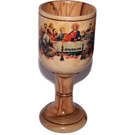 Large Communion Wine Goblet with imprinted Last supper by Laser Technology - Colored - Chalice Olive Wood (6 Inches Large) - Asfour Outlet Trademark
